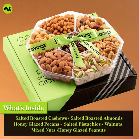 Gourmet  Treats - Mixed Nuts Gift Basket + Green Ribbon (7 Assortments, 2.2 LB)
