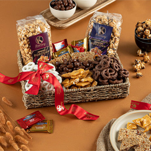 Creamy Chocolate Cravings -  Chocolate Covered Pretzels & Caramel Popcorn Gift Basket, in Seagrass Tray + Ribbon (Premium, 2.5 lbs)