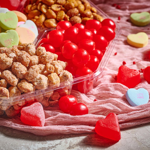 Gourmet  Treats - Mixed Nuts & Heart Candy Gift Basket in Red Gold Box (7 Assortments, 1 LB)
