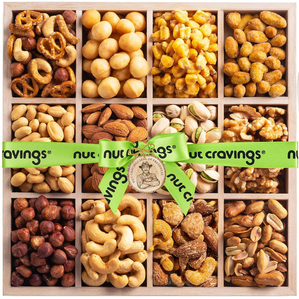 Gourmet  Treats - Mixed Nuts Gift Basket in Reusable Wooden Tray + Green Ribbon (12 Assortments)