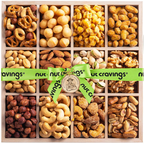 Gourmet  Treats - Mixed Nuts Gift Basket in Reusable Wooden Tray + Green Ribbon (12 Assortments)