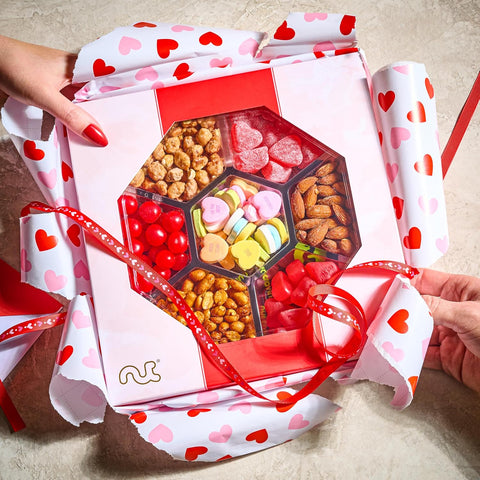 Gourmet  Treats - Mixed Nuts & Heart Candy Gift Basket in Red Gold Box (7 Assortments, 1 LB)