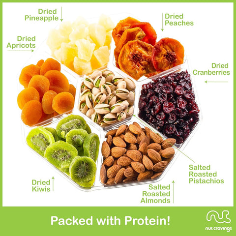 Gourmet  Treats - Dried Fruit & Mixed Nuts Gift Basket + Green Ribbon (7 Assortments, 1 LB) 