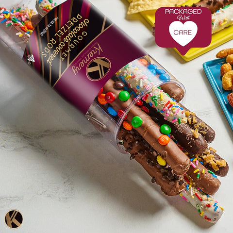 Creamy Chocolate Cravings -  Chocolate Covered Pretzel Rods Gift Basket, in Clear Tube (8 Pretzels, Assorted Sweet Toppings)