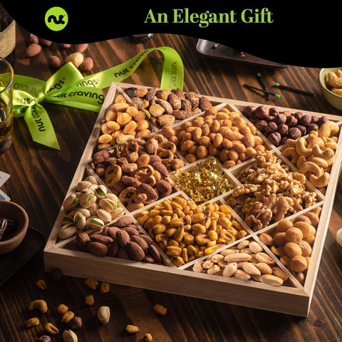 Gourmet  Treats - Mixed Nuts Gift Basket in Reusable Diamond Wooden Tray + Green Ribbon (12 Assortments)