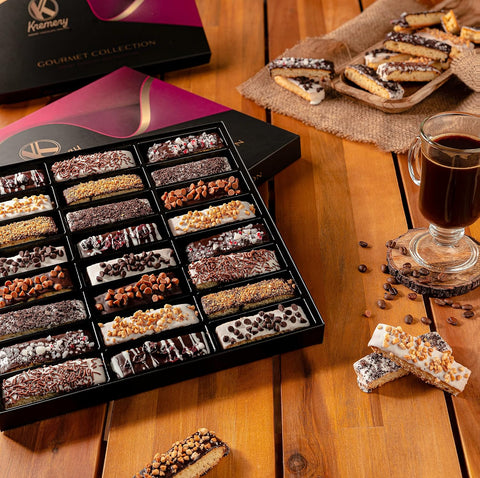 Creamy Chocolate Cravings -  Chocolate Covered Biscotti Cookies Gift Basket, in Elegant Gift Box (24 Biscotties, Assorted Sweet Toppings)