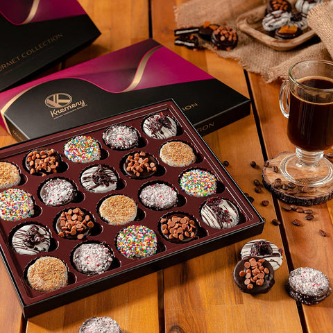 Creamy Chocolate Cravings -  Chocolate Covered Sandwich Cookies & Cream Gift Basket, in Elegant Gift Box (20 Cookies, Assorted Sweet Toppings)
