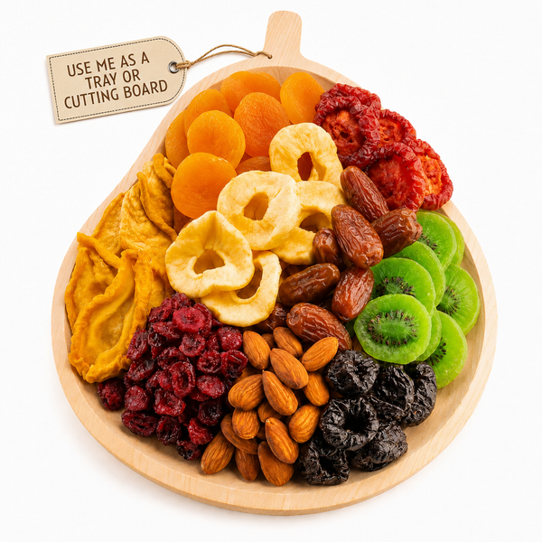 Wooden Pear-Shaped Gift Tray Containing 9 Assortments of Fruits and Nuts